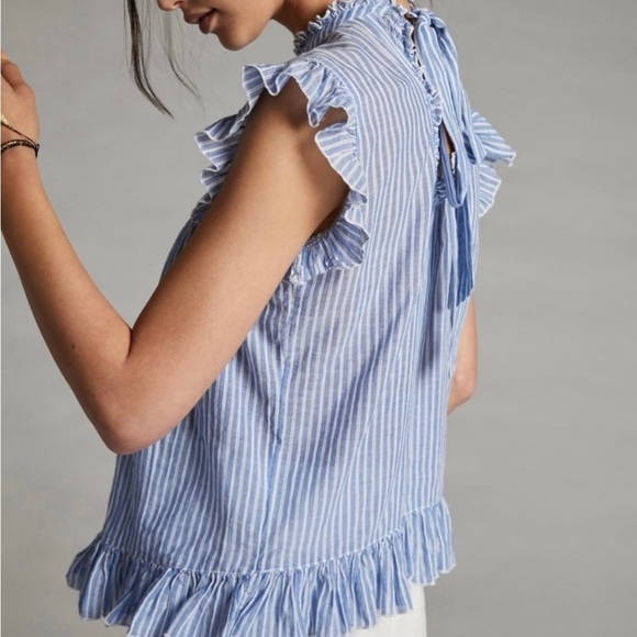 Vintage Charm Womens Large Ruffled Peplum Blue Striped Flutter Sleeve Blouse - Picture 3 of 9